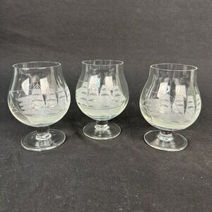 Toscany Etched Glass Brandy Snifters With Clipper Ship Designs, Vintage Set of 3